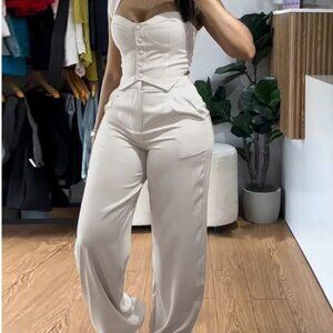 CHICME Thick Strap Button Front Slim Fit Tank Top & High Waist Wide Leg Pants